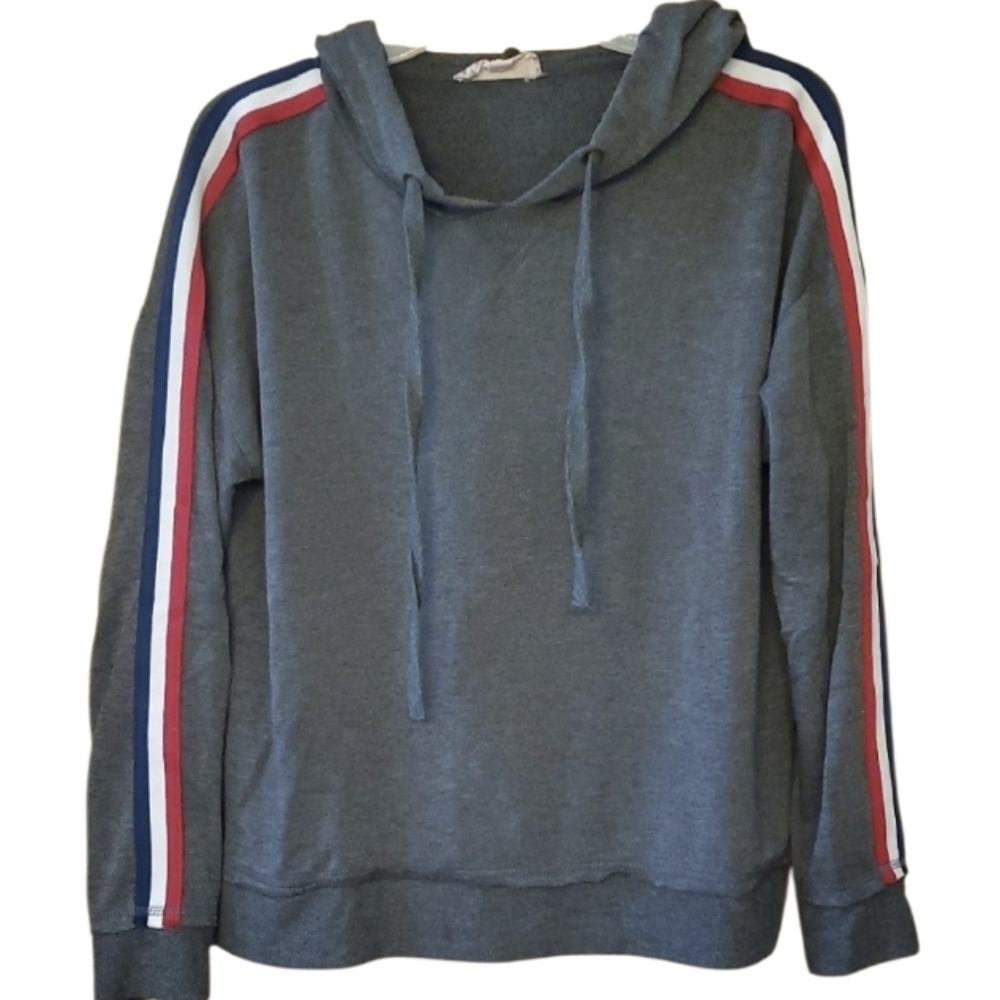 Pink Republic Gray Hoodie with Red,‎ White, and Blue Stripes Size Medium